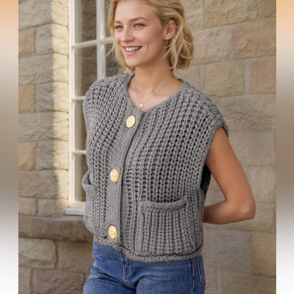 Amazon Women's Gray Knit Button Vest